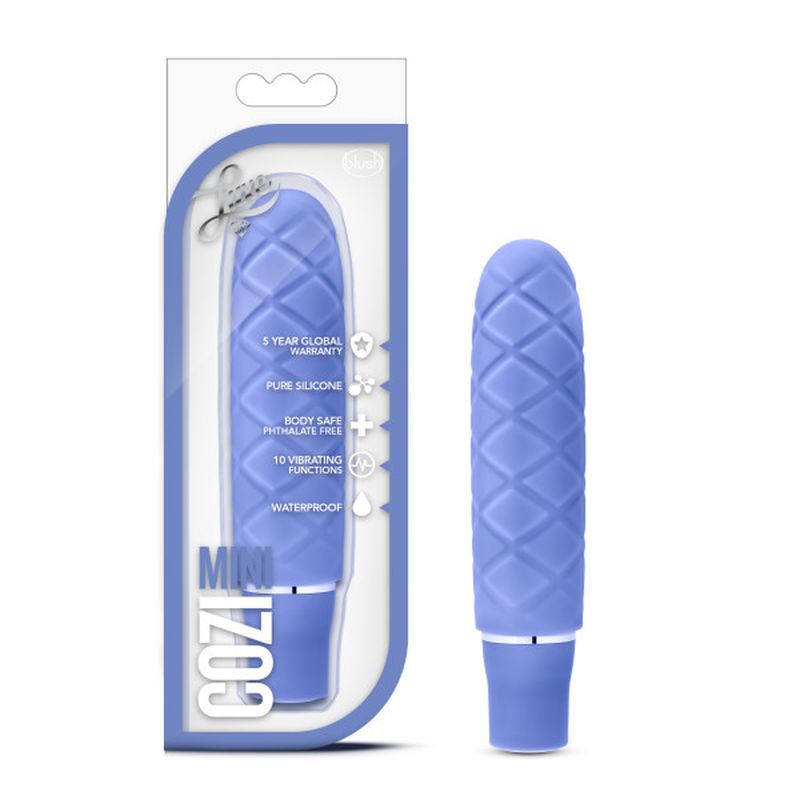 Luxe Cozi Mini Periwinkle in packaging, a mini silicone vibrator made of body-safe silicone with 10 vibrating functions.
