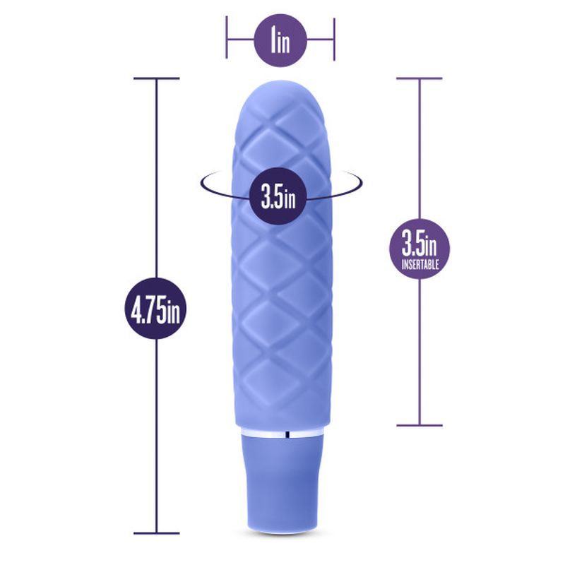 Luxe Cozi Mini Periwinkle mini silicone vibrator with dimensions 4.75in height and 3.5in insertable length.