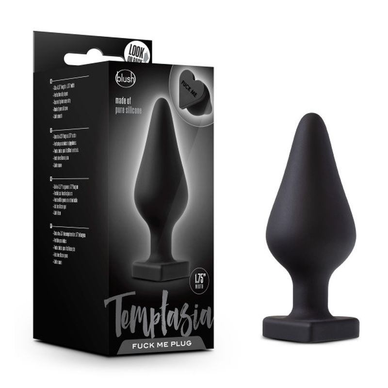 Temptasia Fuck Me Butt Plug Black, a silicone butt plug with a heart-shaped base and tapered design for comfort.