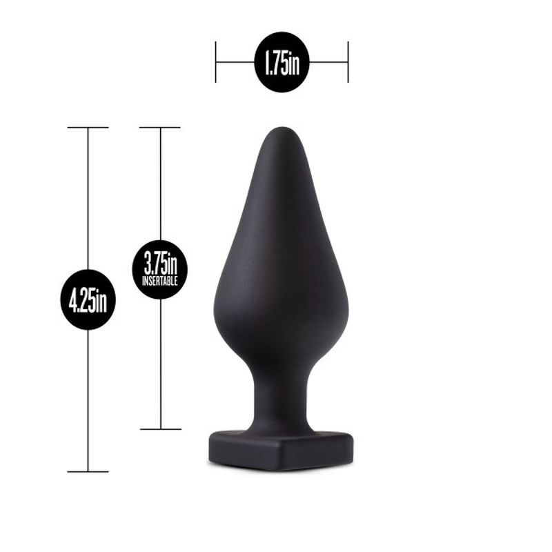 Temptasia Fuck Me Butt Plug Black dimensions 4.25in height 1.75in width 3.75in insertable silicone butt plug