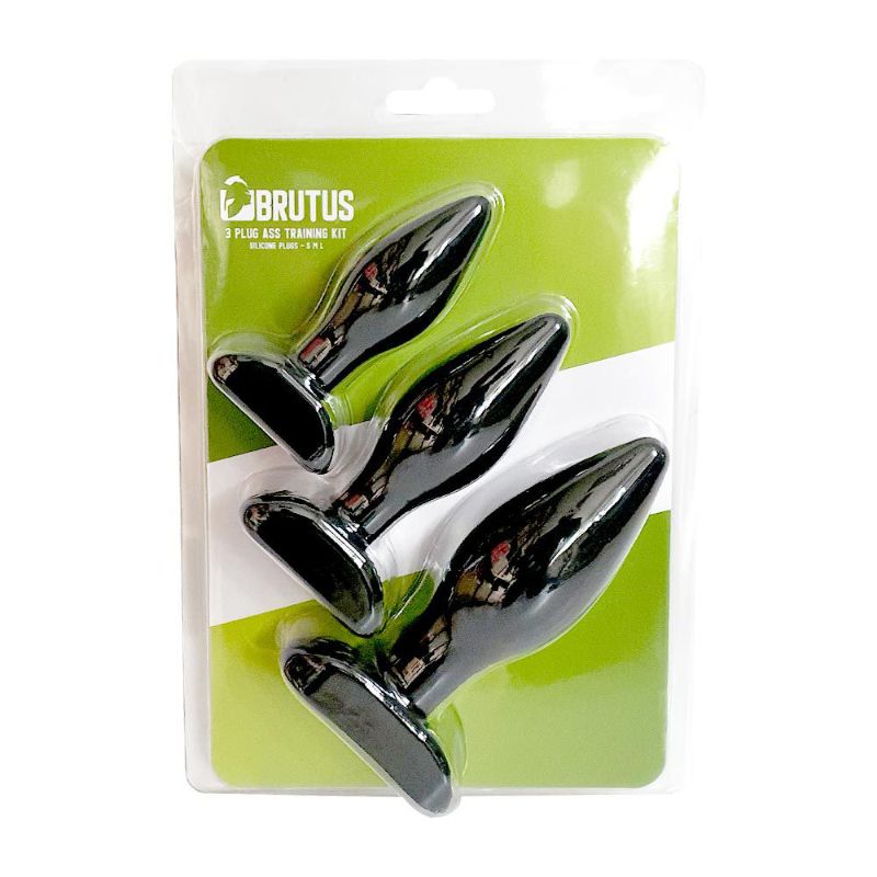 Anal Training Kit 3 Pc featuring three tapered black silicone plugs for anal play in a clear package.