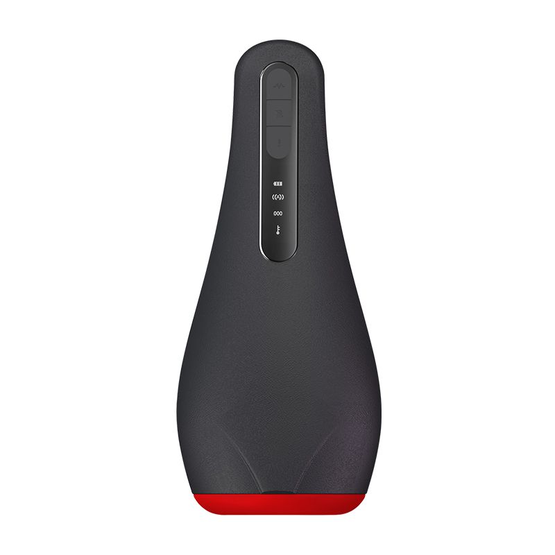 Airturn 1 Heating Masturbator Oral, black silicone, features warming and vibration settings for enhanced pleasure.