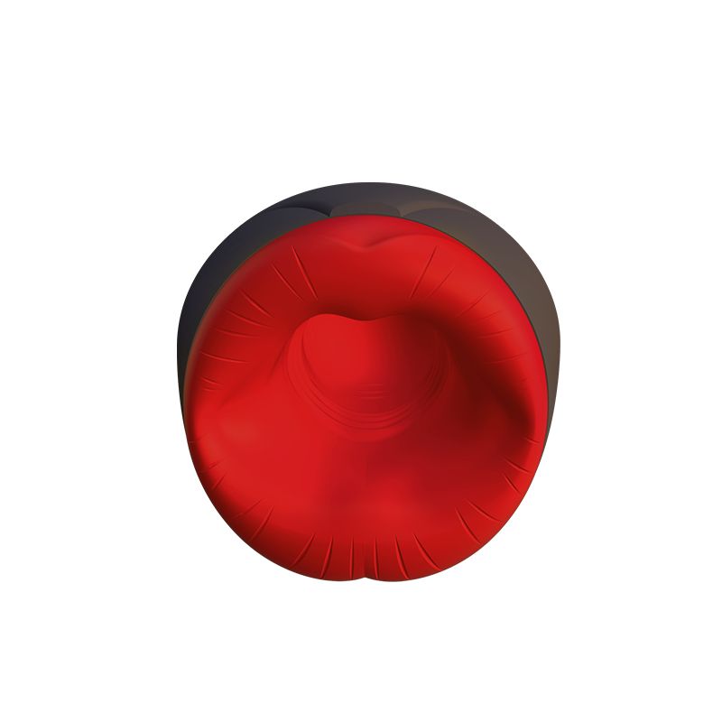 Top view of AIRTURN 2 heating suction masturbator with a red oral entrance design.