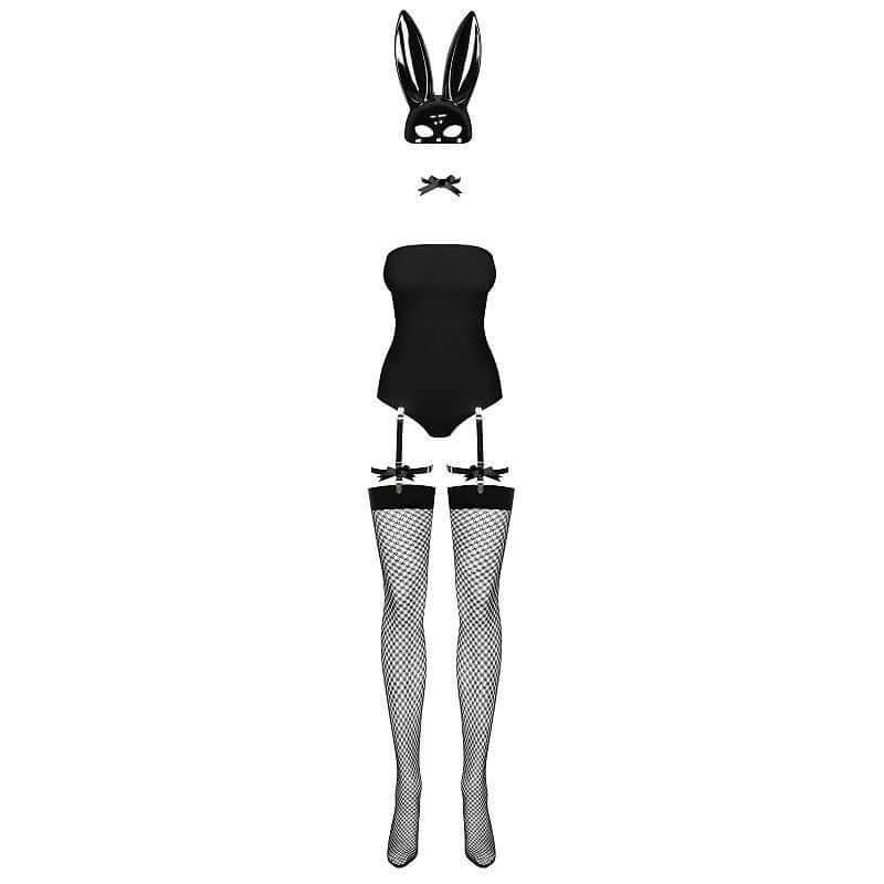 Sexy bunny mask costume featuring a black teddy, bunny ears, suspenders, and thigh-high stockings.