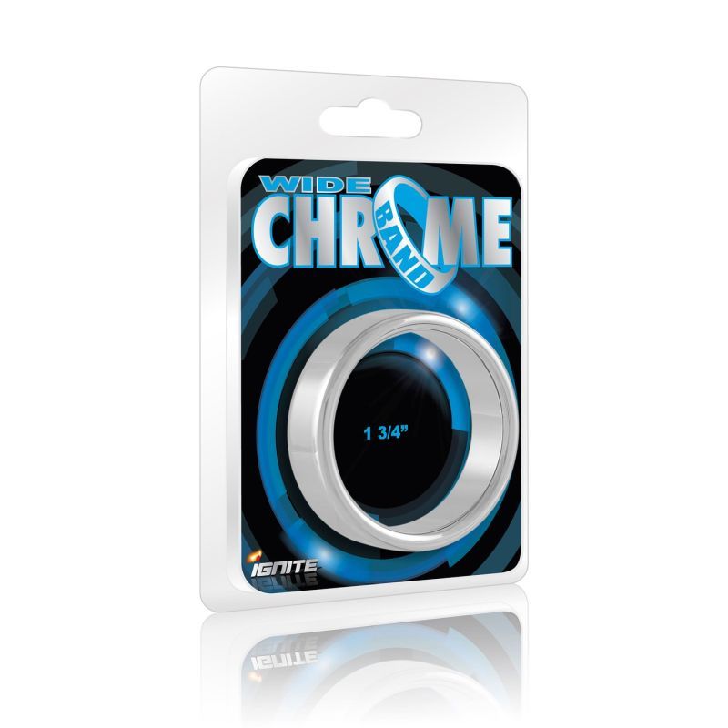 Wide Band Chrome Cock Ring 44mm packaging with clear design for intimate essentials.