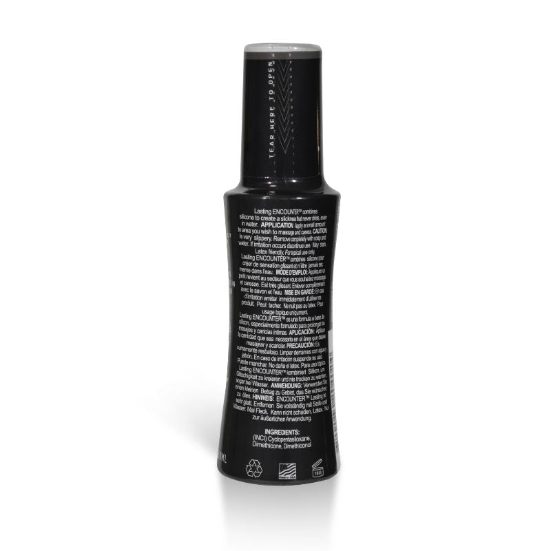 Lasting Encounter silicone lubricant for intimate pleasure 2oz bottle, vegan, preservative-free, long-lasting formula.