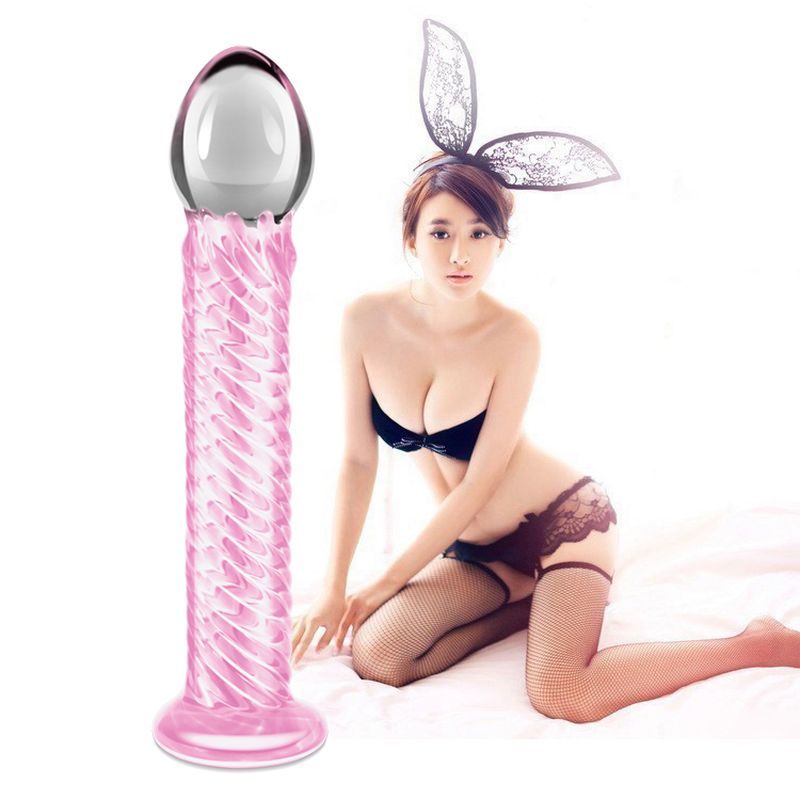 Glass Romance 7 Pink 7.5 inch glass dildo 7.5 inch displayed next to a model in lingerie.