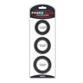 Three silicone cock rings in packaging, featuring sizes 1.2, 1.45, and 1.6 inches, promoting the silicone cock ring set.