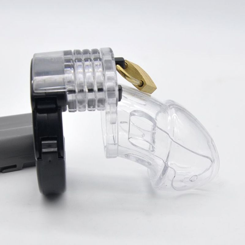 Brutus Alpha Chastity Cage Clear, adjustable male chastity cage with secure locking mechanism.