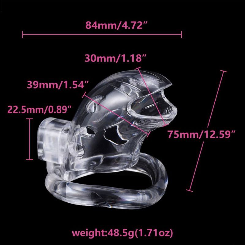 Brutus Shark Chastity Cage Clear, a custom adjustable chastity cage with precise measurements and weight.
