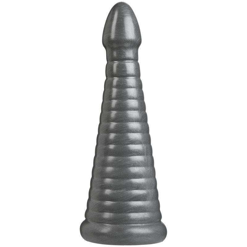 Rockeye 11in anal dildo gun metal with tapered tip and ribbed texture for enhanced pleasure.