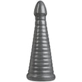 Rockeye 11in anal dildo gun metal with tapered tip and ribbed texture for enhanced pleasure.