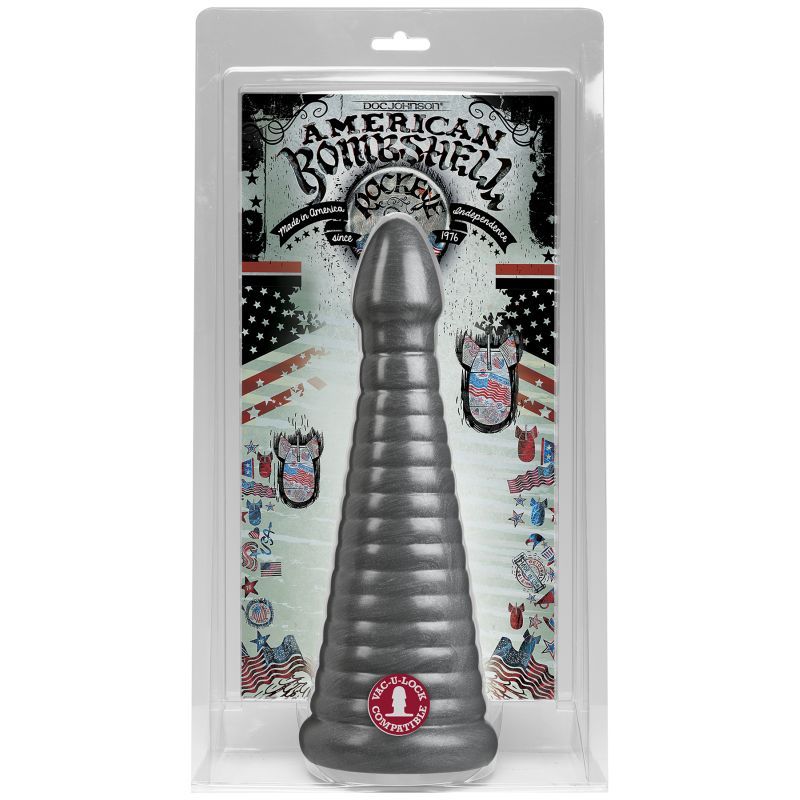 Rockeye 11in anal dildo gun metal with tapered tip and ribbed design in packaging.
