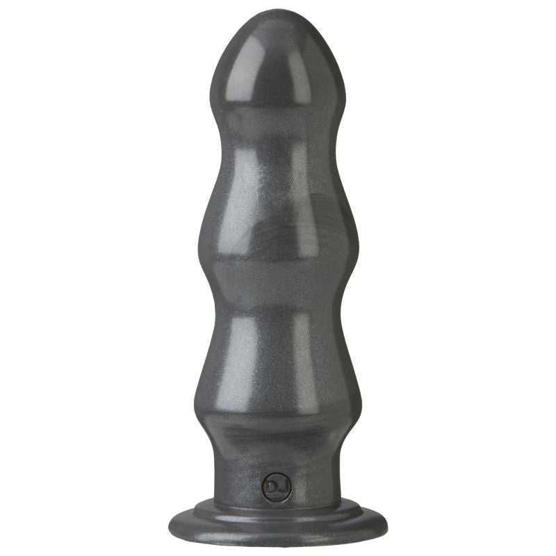 B7 Tango anal dildo in gun metal color with triple ripple design and flat base for stability.