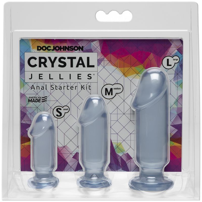 Crystal Jellies Anal Starter Kit for beginners featuring small, medium, and large plugs in clear material.