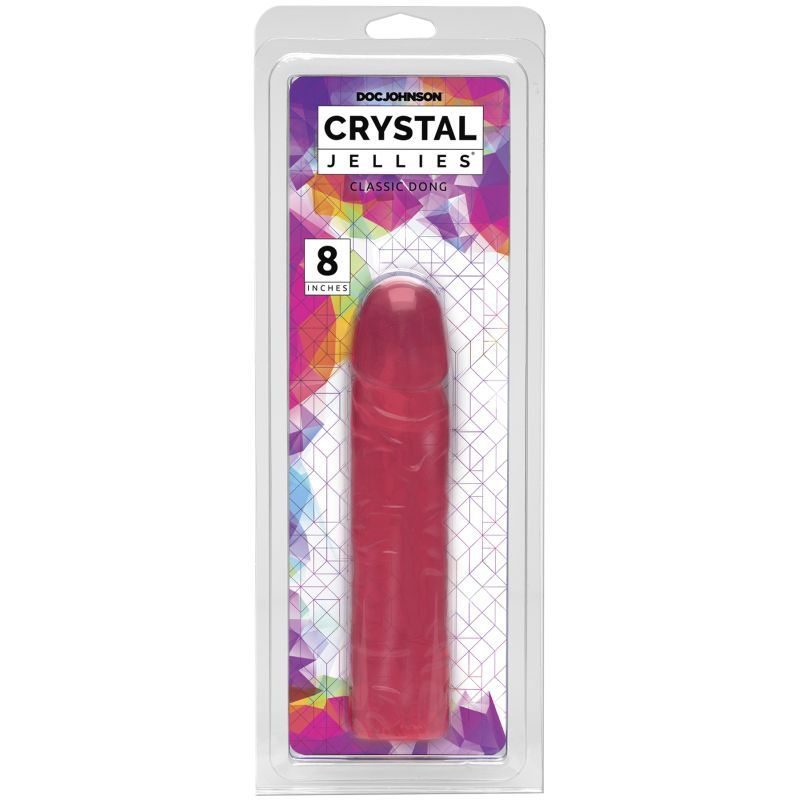 8 inch pink dong in packaging, featuring textured veins for added stimulation and flexible shaft.