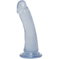 6.5 inch slim dong in clear material with a suction cup base for hands-free fun.