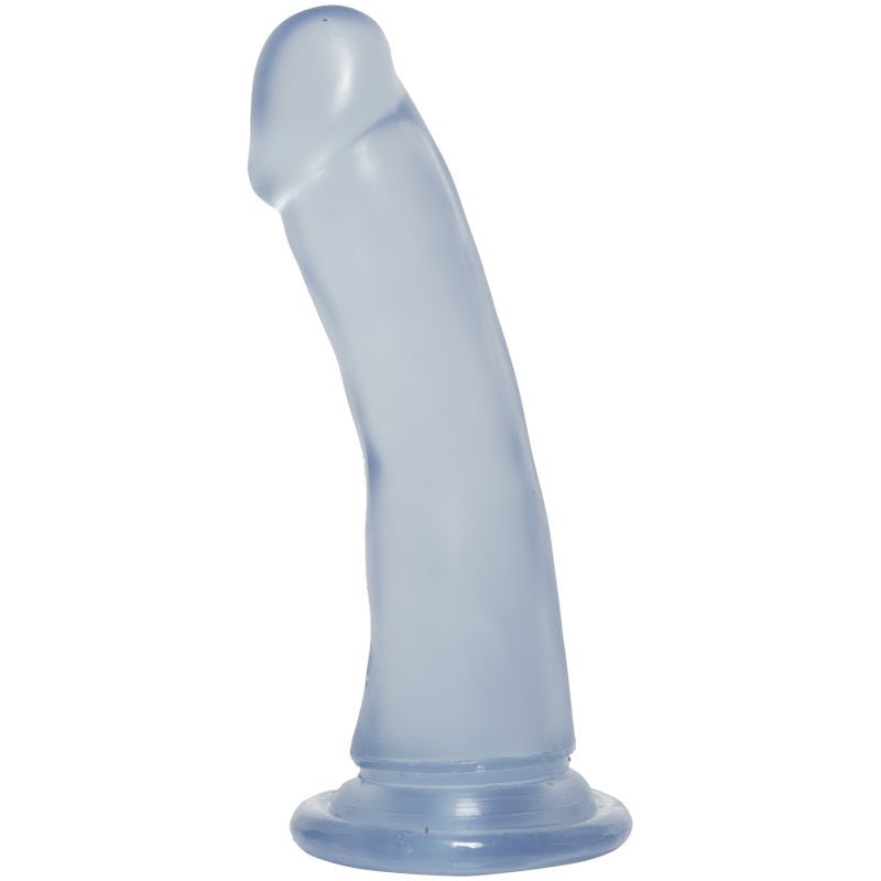6.5 inch slim dong in clear material with a suction cup base for hands-free fun.