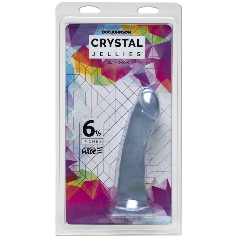 Slim Dong 6.5 in Clear packaging featuring the 6.5 inch slim dong with a smooth design and suction cup base.