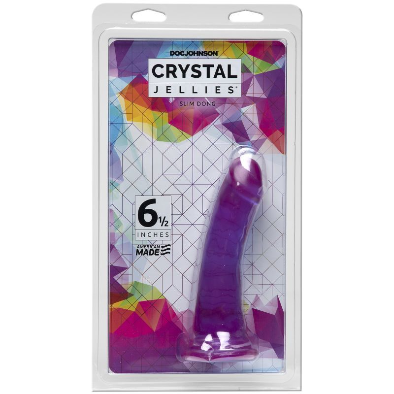 Packaging of purple slim dong 6.5 inch from Crystal Jellies by Doc Johnson with vibrant colors.
