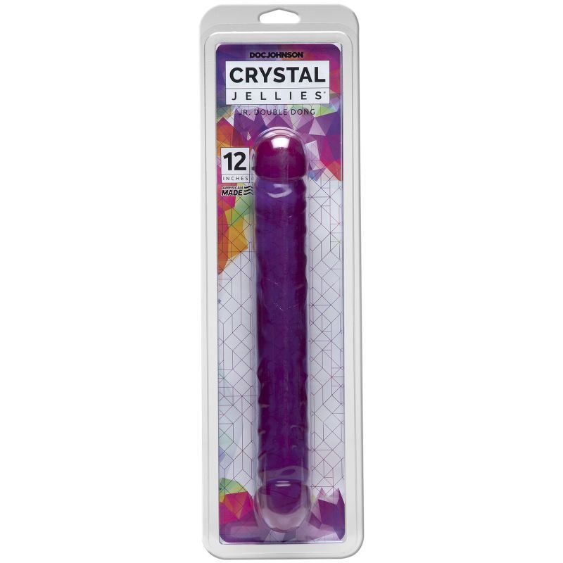 Doc Johnson 12 inch Double Dong in Purple, soft and flexible double ended design, featuring traditional thickness and veiny texture.