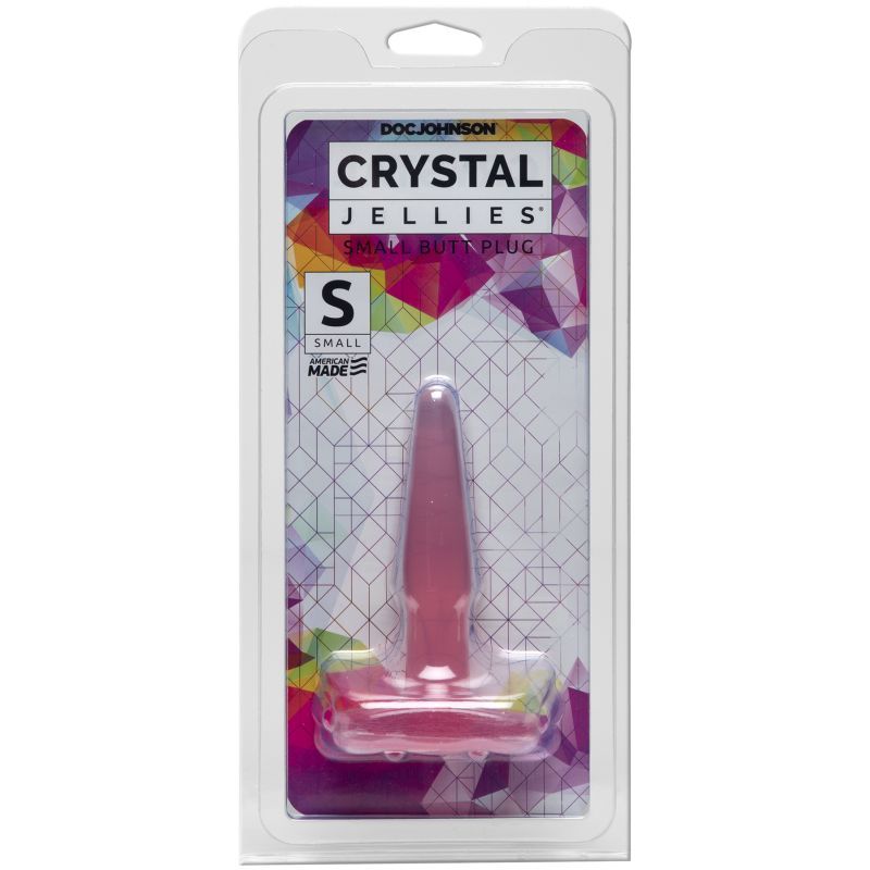Small pink butt plug in packaging, showcasing the tapered design and flared base, ideal for beginners.