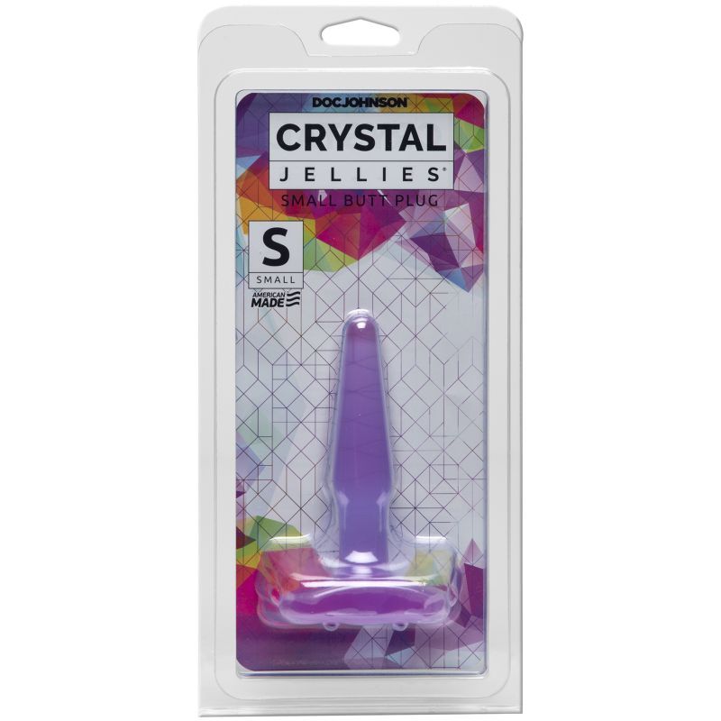 Doc Johnson's small purple butt plug in packaging, featuring a tapered design for beginners exploration.