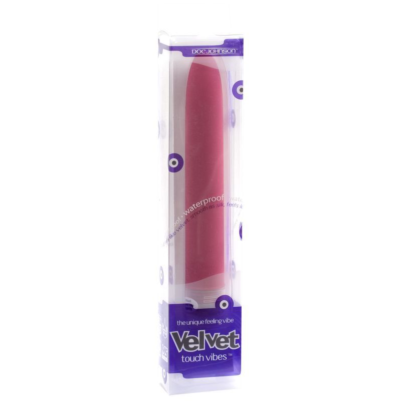 Dusty rose velvet vibrator in packaging, featuring waterproof and multi-speed functions for versatile pleasure.