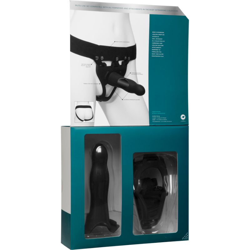 Be Daring 7in Bulbed Dong 2 Pc Hollow Silicone Strap-On Set packaging with harness and silicone attachment.
