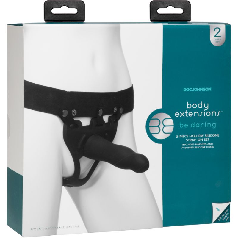 Be Daring 7in Bulbed Dong 2 Pc Hollow Silicone Strap-On Set in packaging, showcasing elastic harness and phallic attachment.