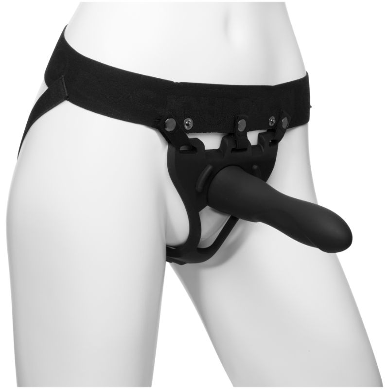 Be Strong 7.5in Slim Dong 2 Pc Hollow Silicone Strap-On Set on a harness, perfect for intimate essentials for her.