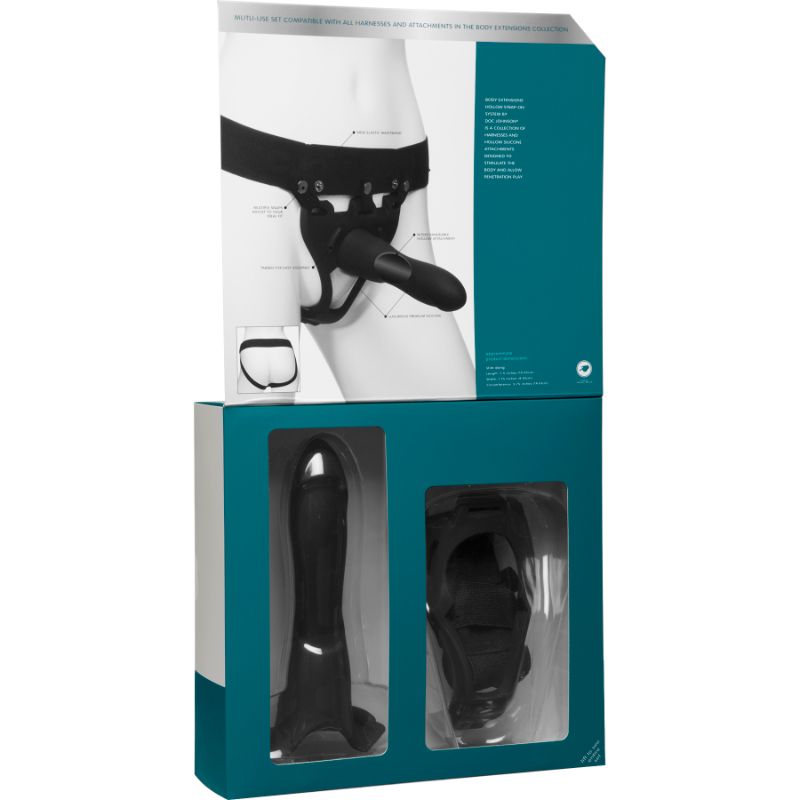 Be Strong 7.5in Slim Dong 2 Pc Hollow Silicone Strap-On Set packaging showing harness and silicone attachment.