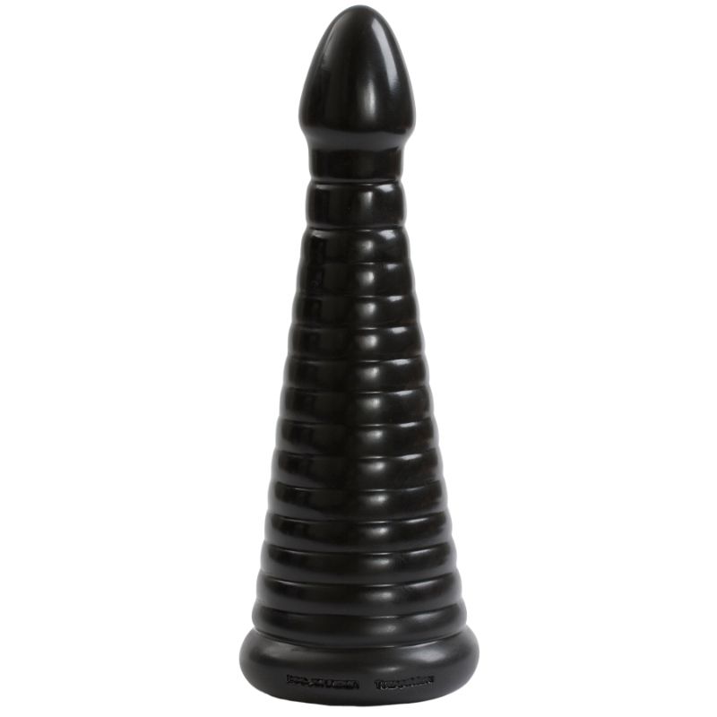 Intimidator Black anal pleasure dildo with ribbed shaft for enhanced stimulation and easy insertion.