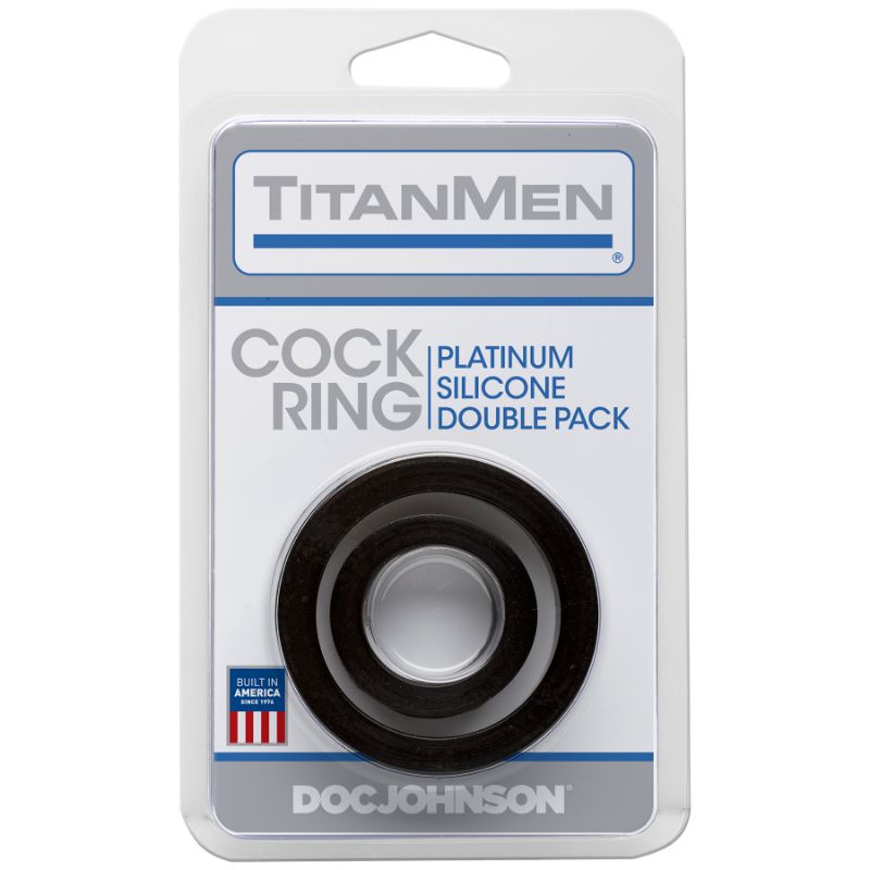 Silicone cock rings double pack by TitanMen, featuring two stretchy, body-safe silicone rings in a retail package.
