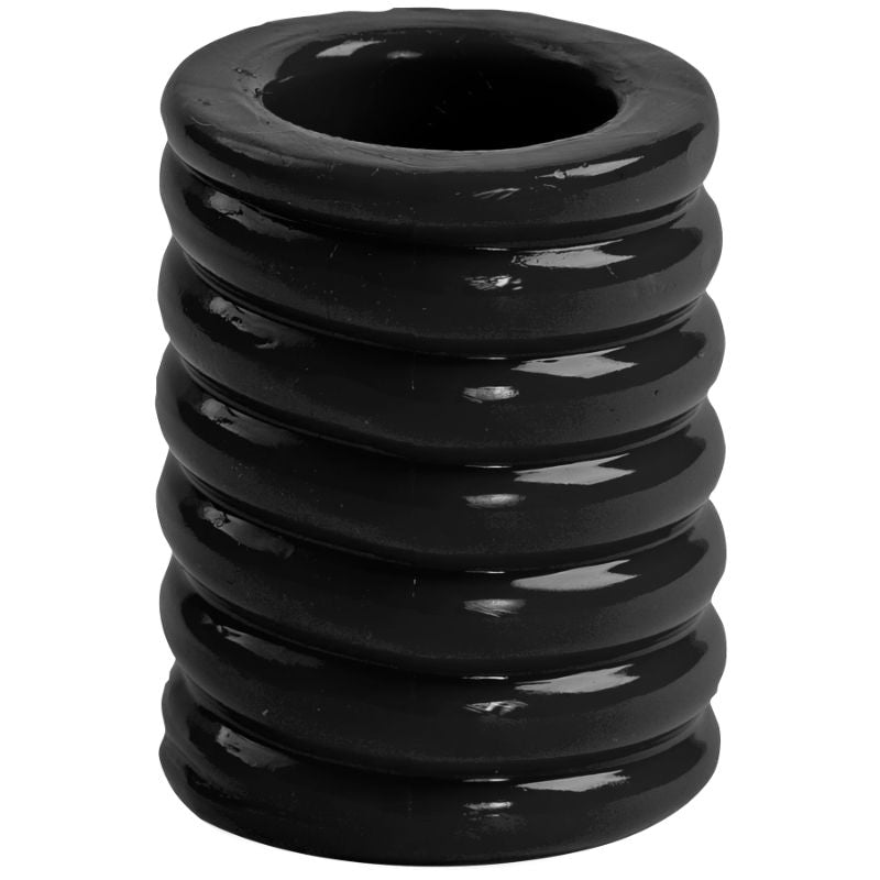 black cock cage featuring a stretchy ribbed design for enhanced stimulation and comfortable tightness.