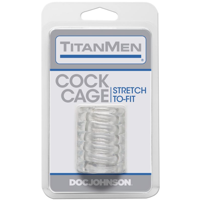 Package of TitanMen Cock Cage Clear, designed for enhanced stimulation with stretchy ribbed texture.