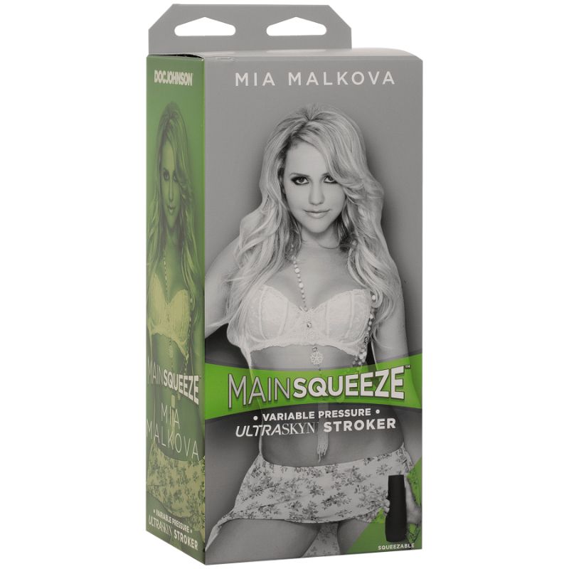 Mia Malkova masturbator in packaging, featuring ULTRASKYN stroker with variable pressure for enhanced pleasure.