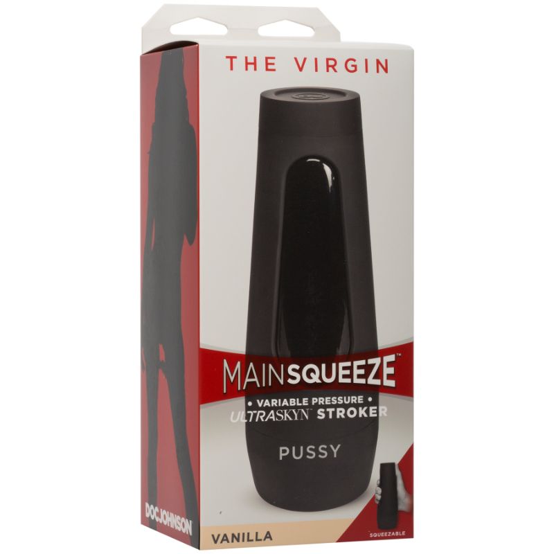 The Virgin masturbator Vanilla packaging featuring a squeezable ULTRASKYN stroker for variable pressure.