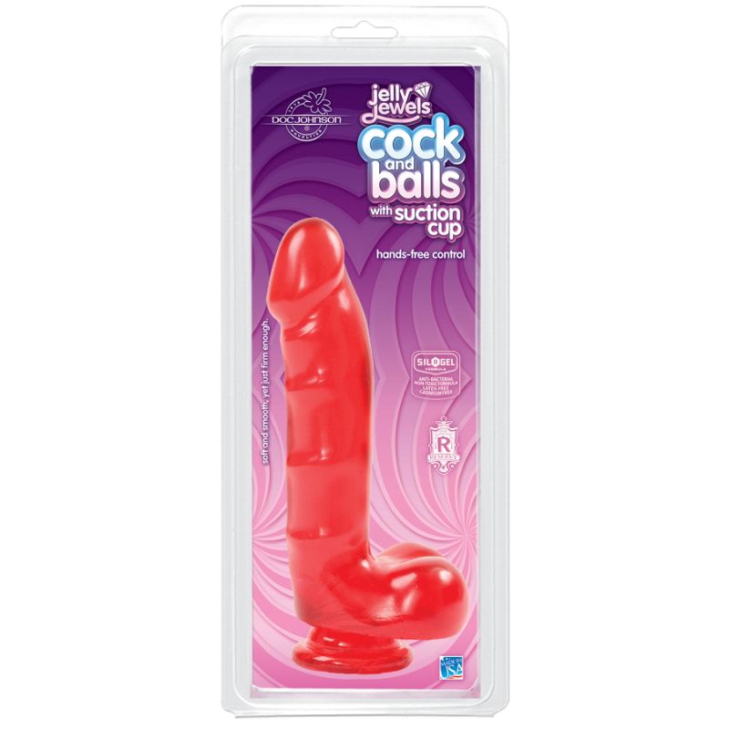 Cock And Balls With Suction Cup Ruby in packaging showcasing its realistic design and suction base for hands-free fun.