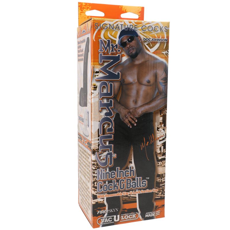 Mr. Marcus 9 inch Realistic Cock And Balls packaging showcasing its lifelike design for the realistic 9 inch dildo.
