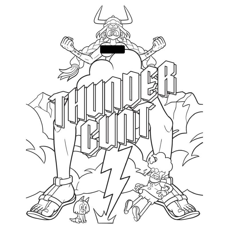 Suck My Crayon Colouring Book cover featuring "THUNDER CUNT" illustration for adult colouring book swear words.