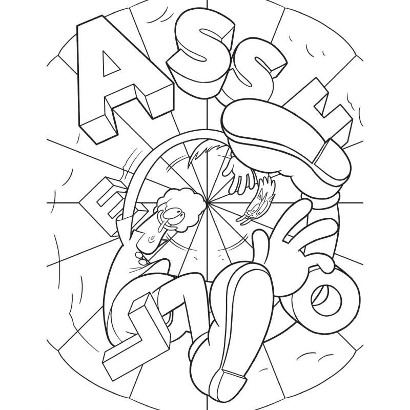 Line art illustration from Suck My Crayon Colouring Book, featuring playful swear words and fun character designs for adult colouring book swear words.