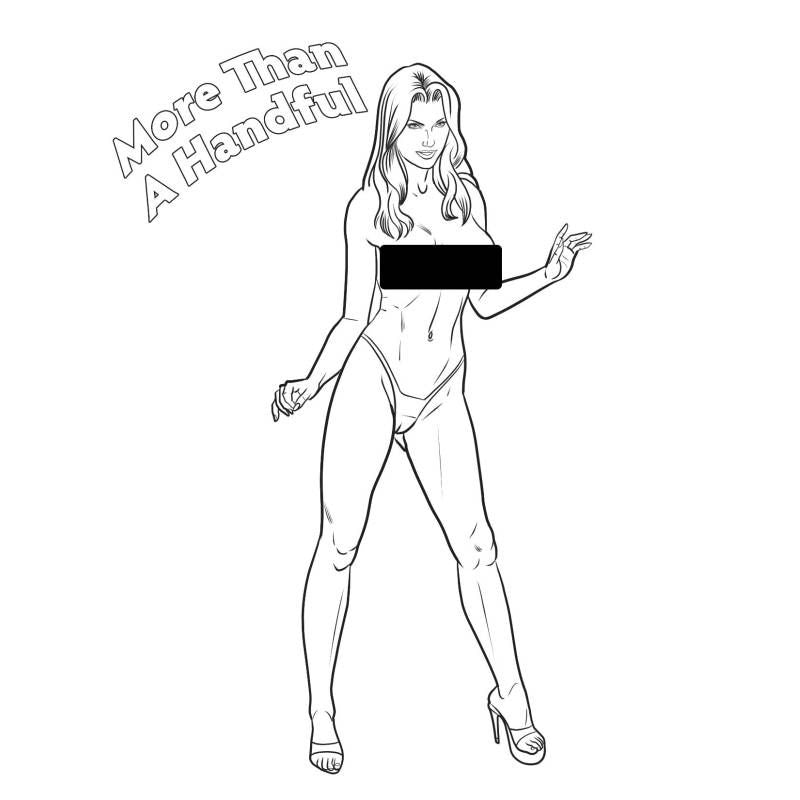 Line art of a female figure with text 'More Than A Handful', part of the Boobs Boobs Boobs Colouring Book.