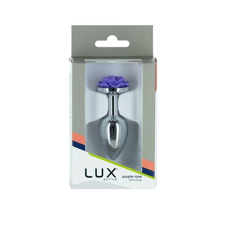 Lux Active Purple Rose metal anal plug packaging with sleek design and rose detail.