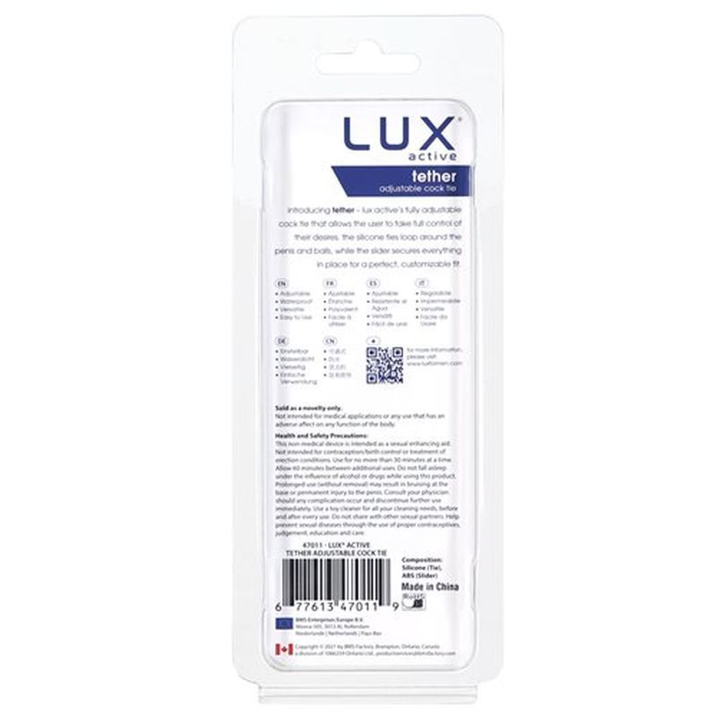 Tether Adjustable Cock Tie packaging from Lux Active, designed for comfort and customizable fit in intimate essentials.
