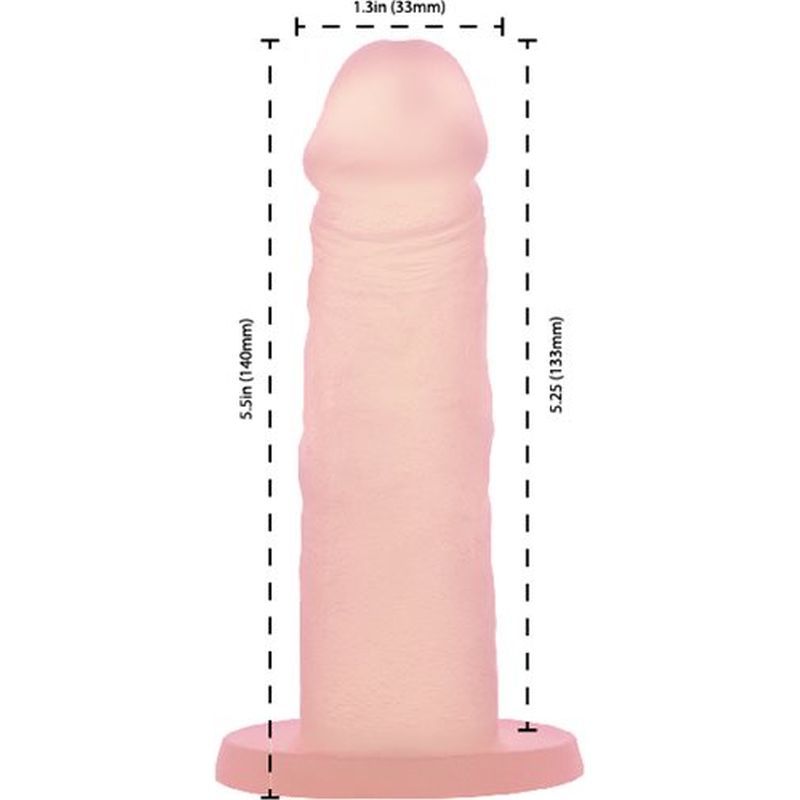 Peach Bellini dildo in pink silicone, 5.5 inches tall, featuring a strong suction base, dimensions included.