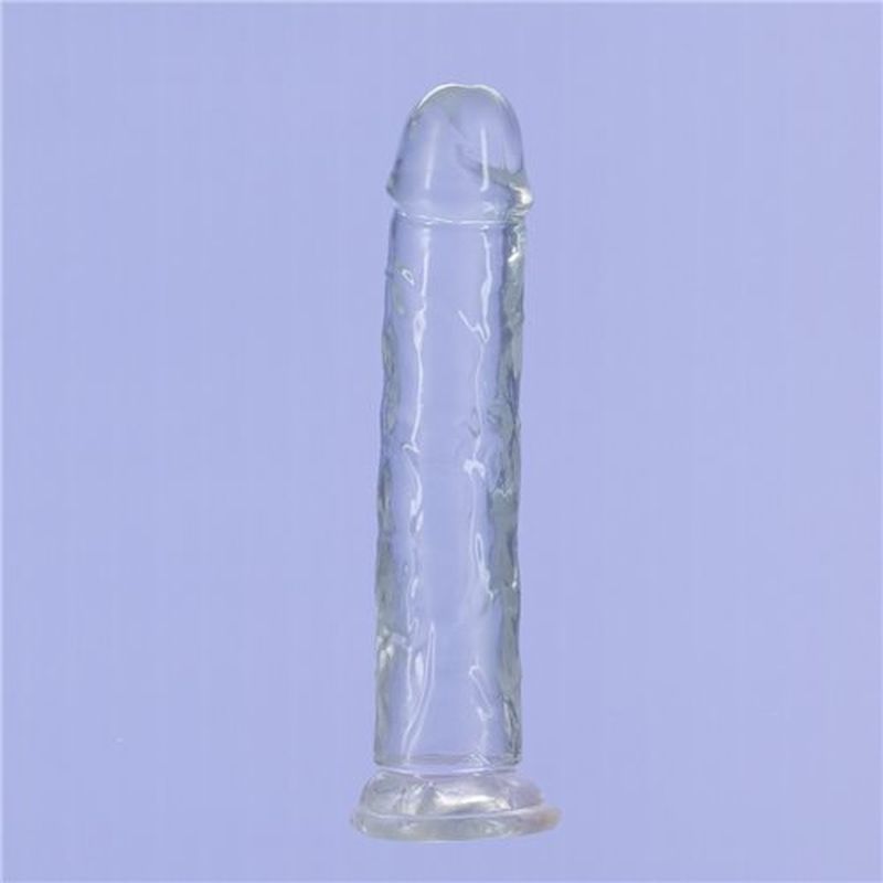 7 inch crystal dildo showcased in clear, lifelike design with strong suction base.