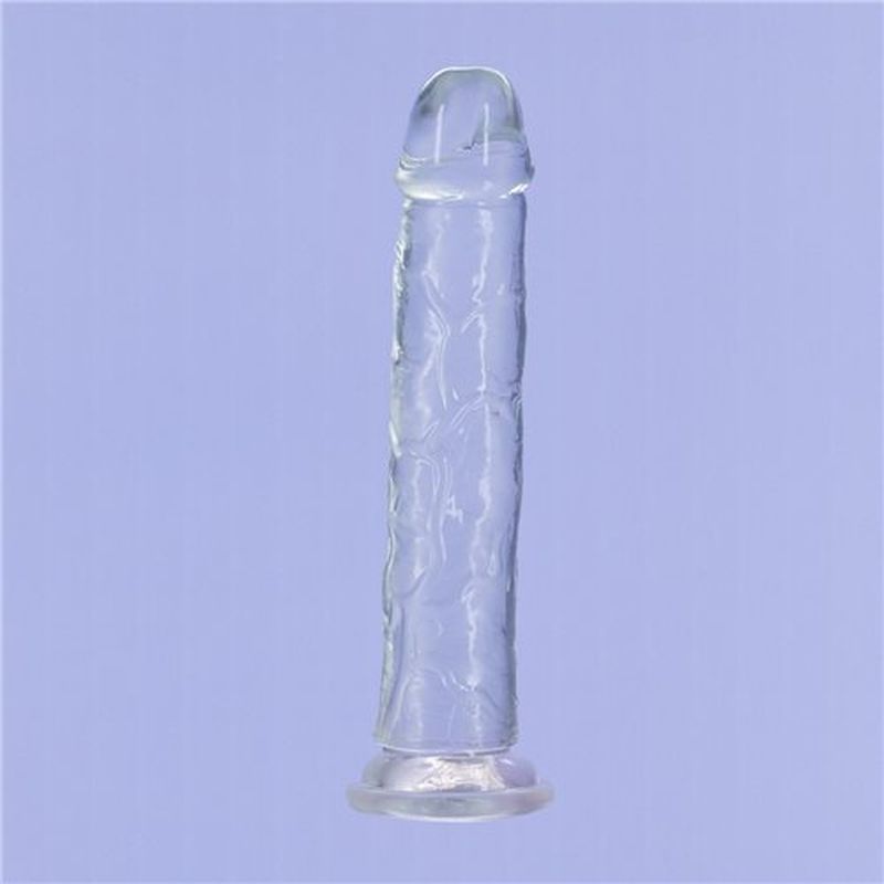 9 inch clear crystal dildo featuring lifelike textures and a strong suction base for versatile use.