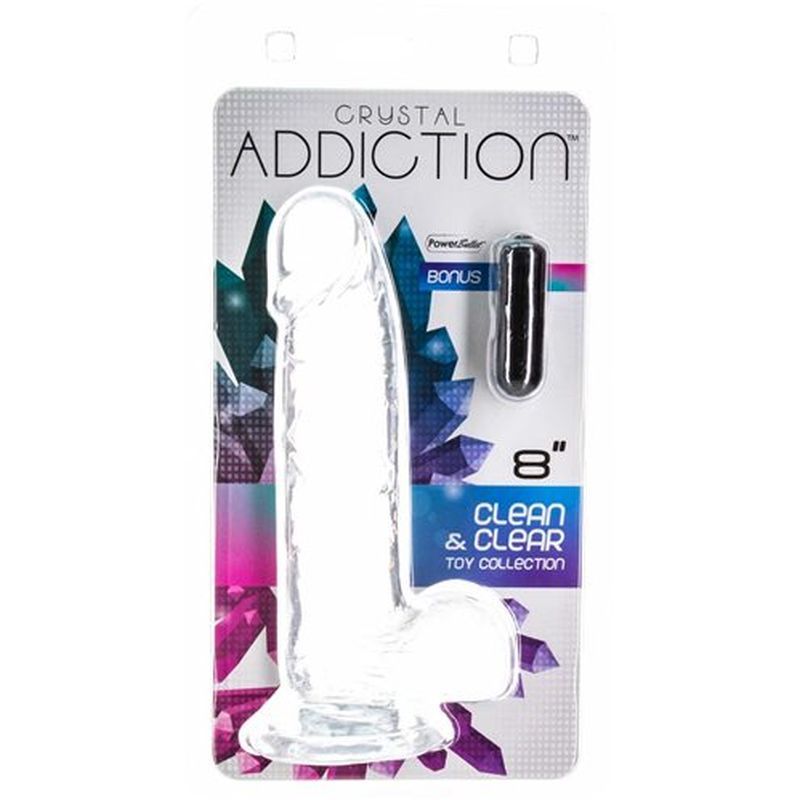 8 inch crystal dildo from the Crystal Addiction collection with bonus toy, displayed in clear packaging.