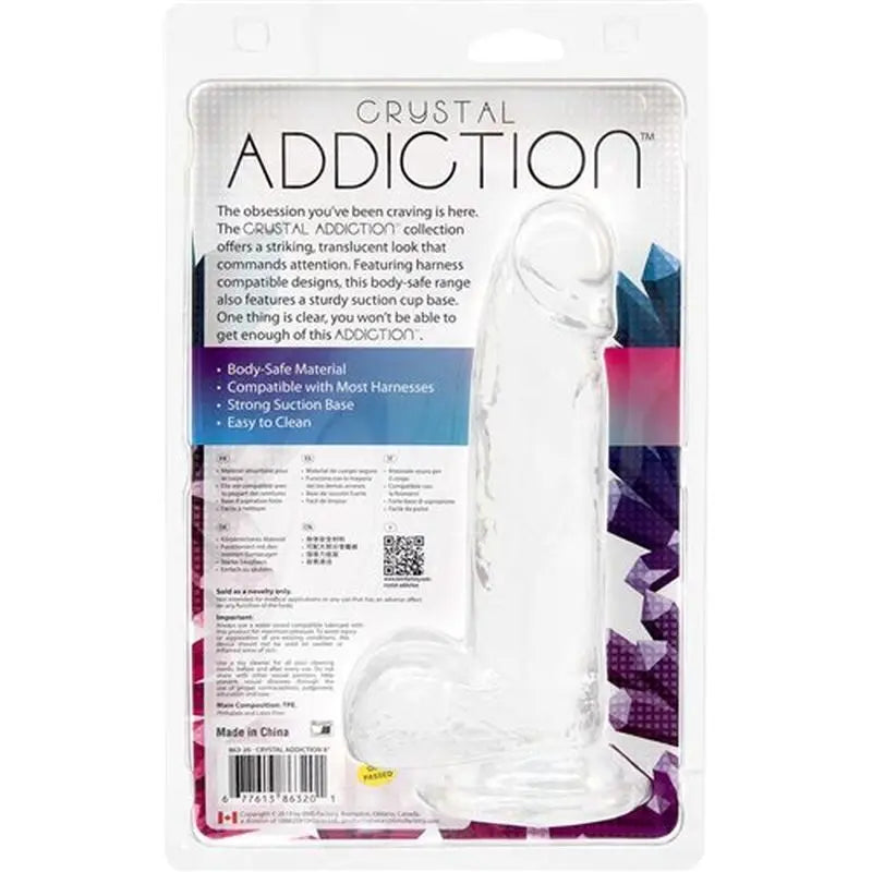 Crystal Dildo w Balls 8in Clear Addiction Discreet Intimate Essentials.